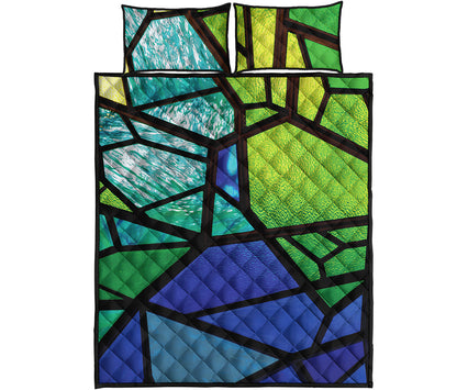 Blue And Green Stained Glass Print Quilt Bed Set