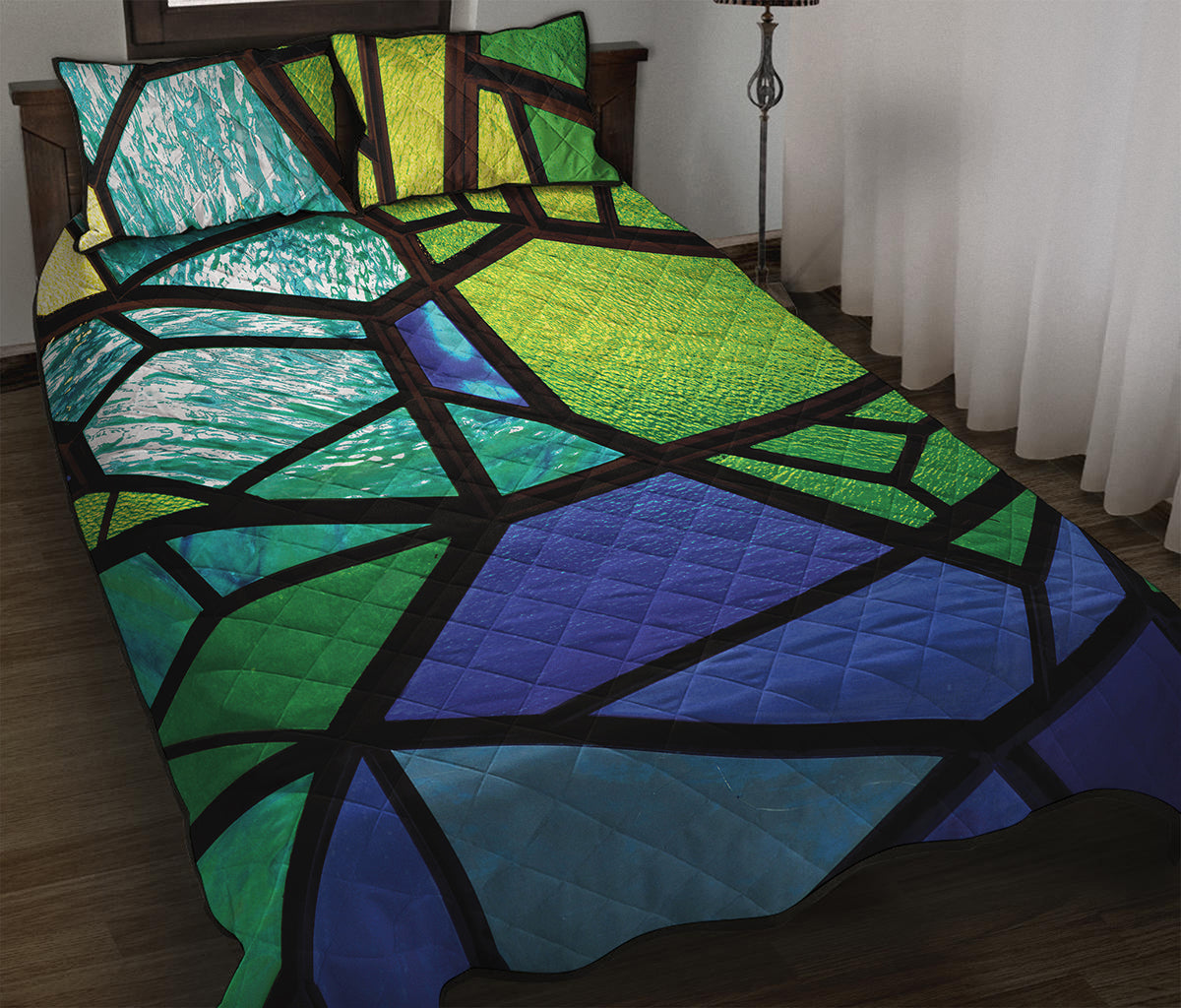Blue And Green Stained Glass Print Quilt Bed Set