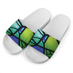 Blue And Green Stained Glass Print White Slide Sandals