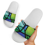 Blue And Green Stained Glass Print White Slide Sandals