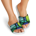 Blue And Green Stained Glass Print White Slide Sandals
