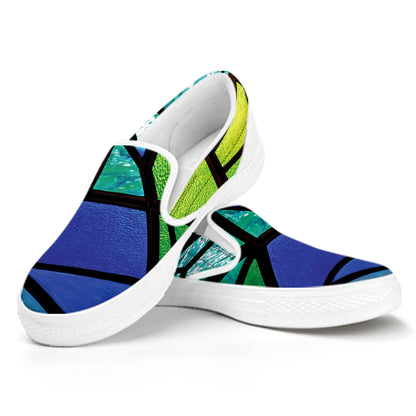 Blue And Green Stained Glass Print White Slip On Shoes