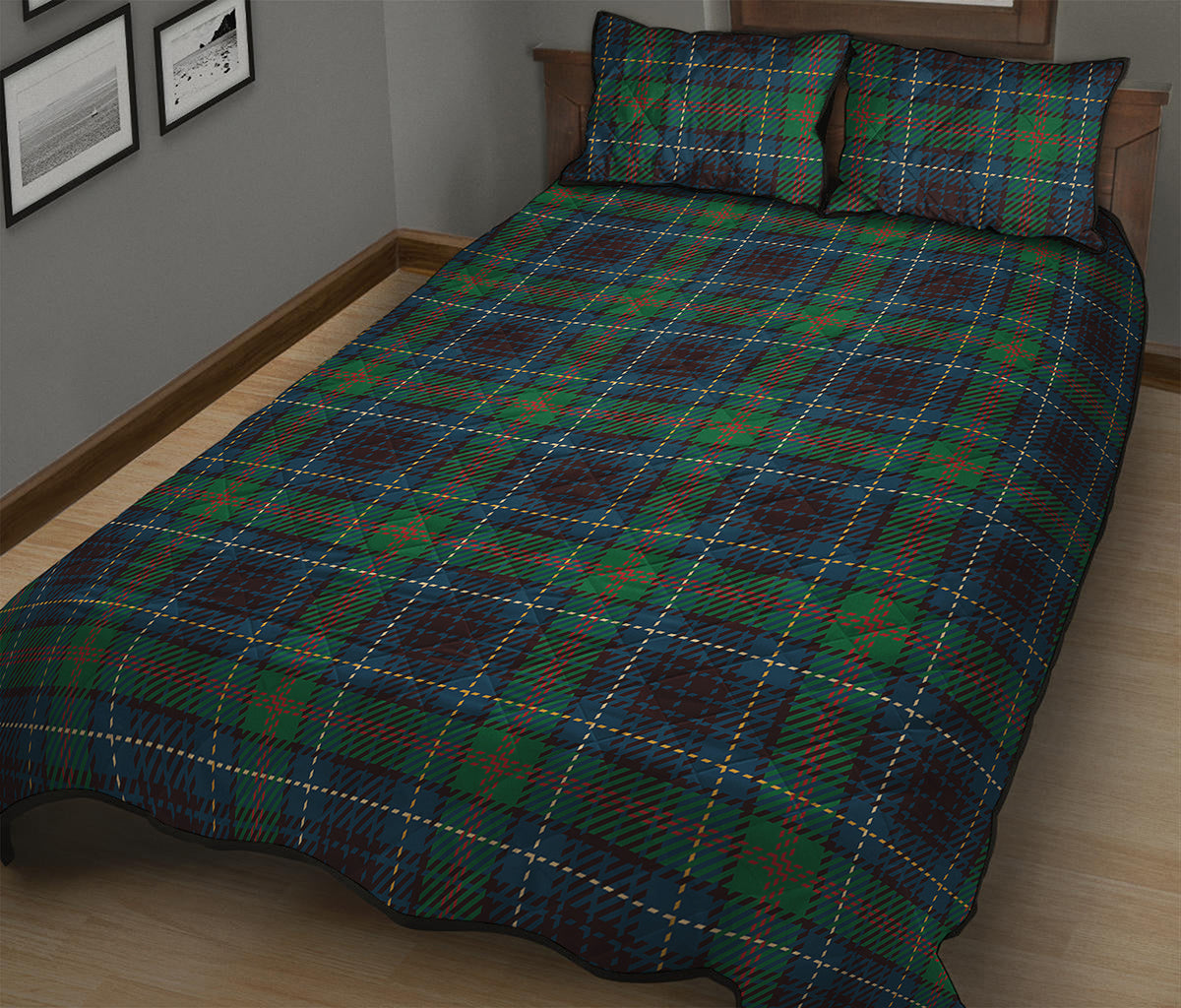 Blue And Green Tartan Pattern Print Quilt Bed Set