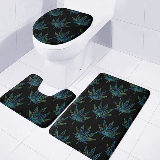 Blue And Green Weed Leaf Pattern Print 3 Piece Bath Mat Set