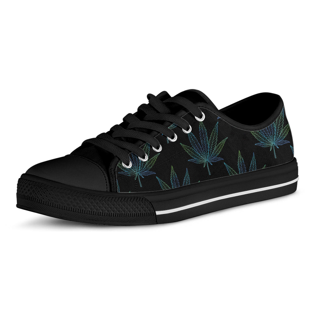 Blue And Green Weed Leaf Pattern Print Black Low Top Shoes