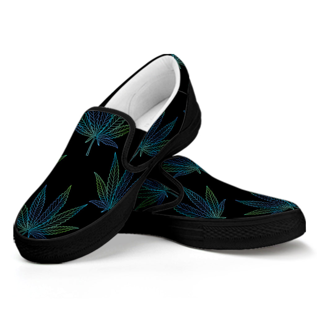 Blue And Green Weed Leaf Pattern Print Black Slip On Shoes