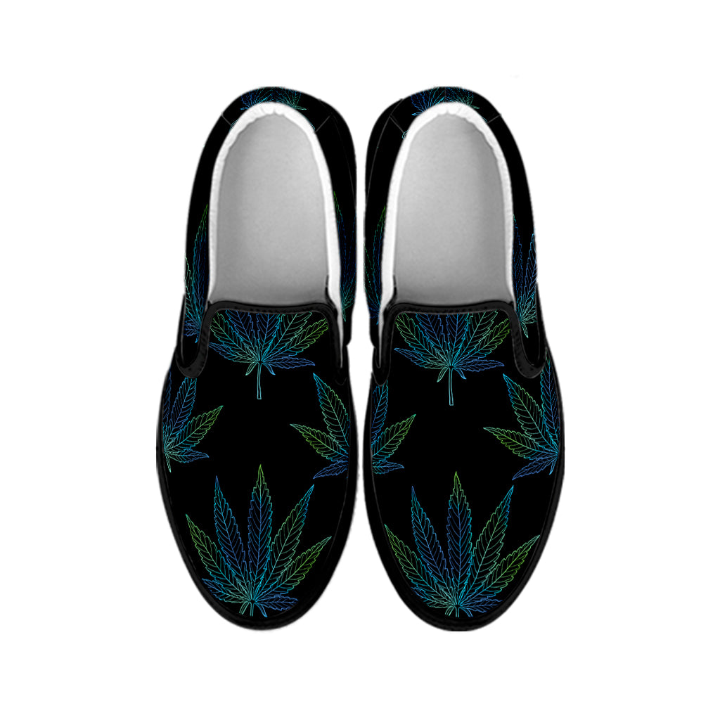 Blue And Green Weed Leaf Pattern Print Black Slip On Shoes