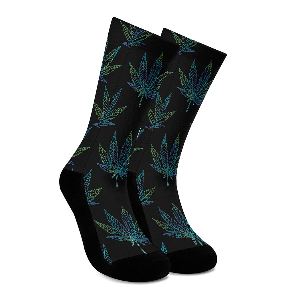 Blue And Green Weed Leaf Pattern Print Crew Socks