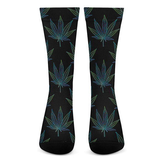 Blue And Green Weed Leaf Pattern Print Crew Socks