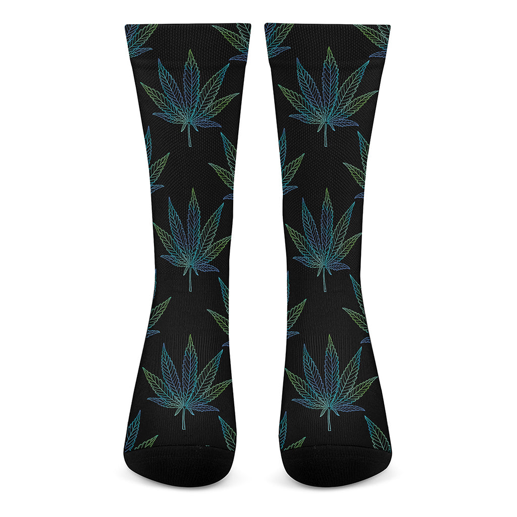 Blue And Green Weed Leaf Pattern Print Crew Socks