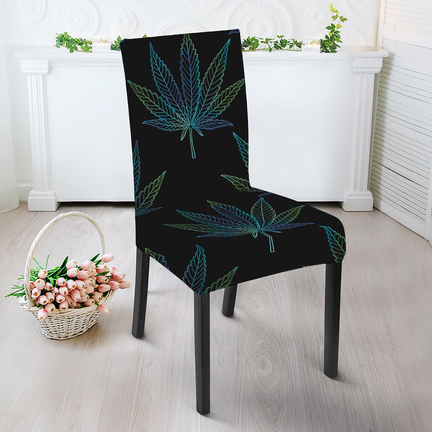 Blue And Green Weed Leaf Pattern Print Dining Chair Slipcover