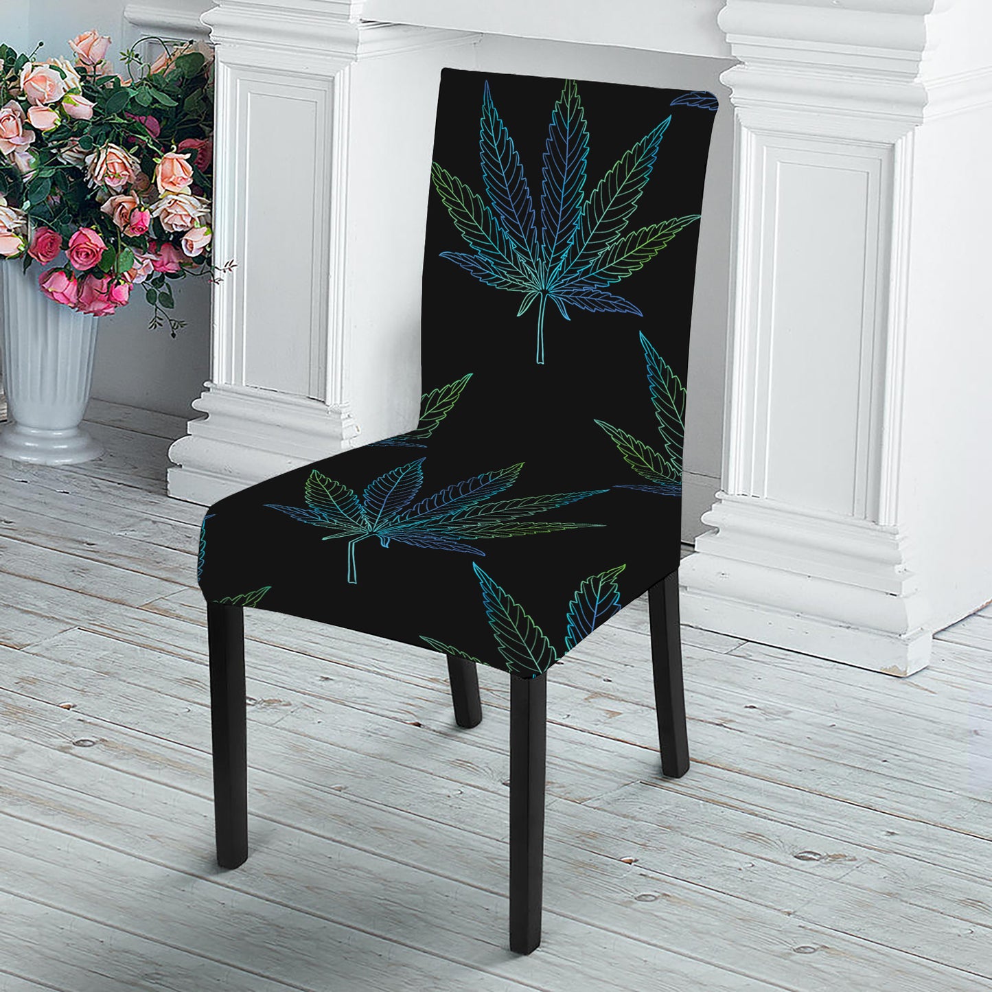 Blue And Green Weed Leaf Pattern Print Dining Chair Slipcover