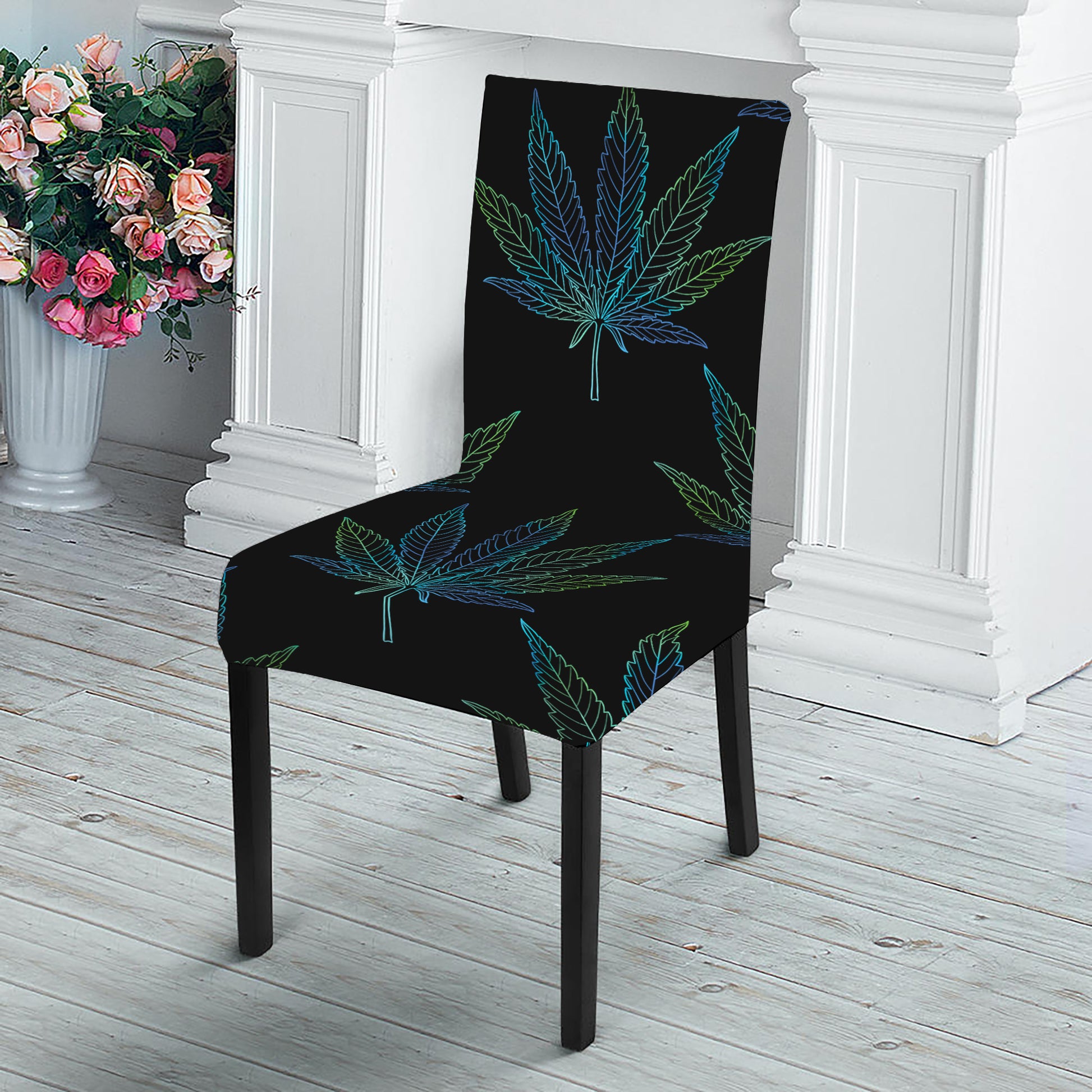 Blue And Green Weed Leaf Pattern Print Dining Chair Slipcover