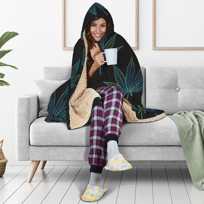 Blue And Green Weed Leaf Pattern Print Hooded Blanket