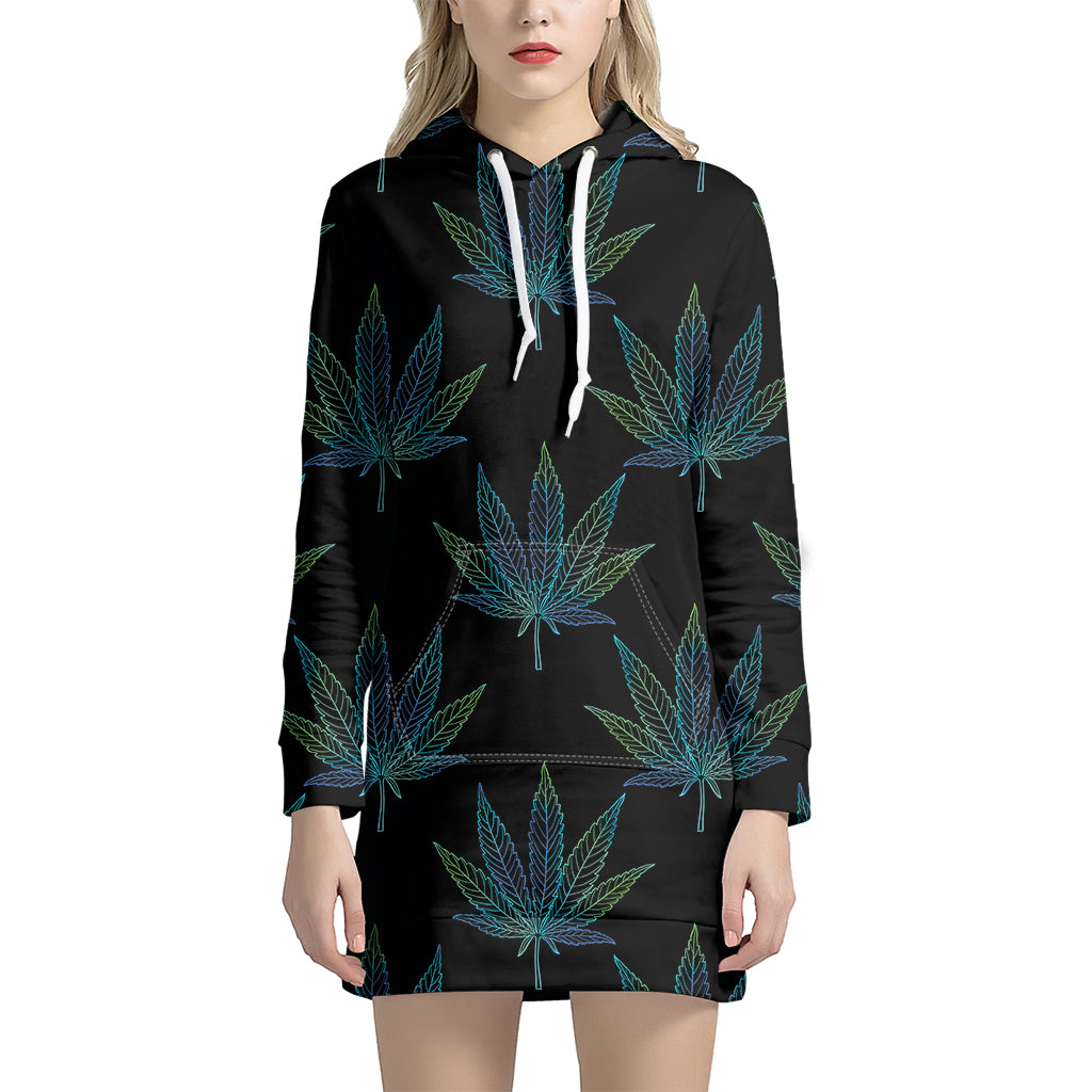 Blue And Green Weed Leaf Pattern Print Hoodie Dress