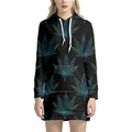 Blue And Green Weed Leaf Pattern Print Pullover Hoodie Dress