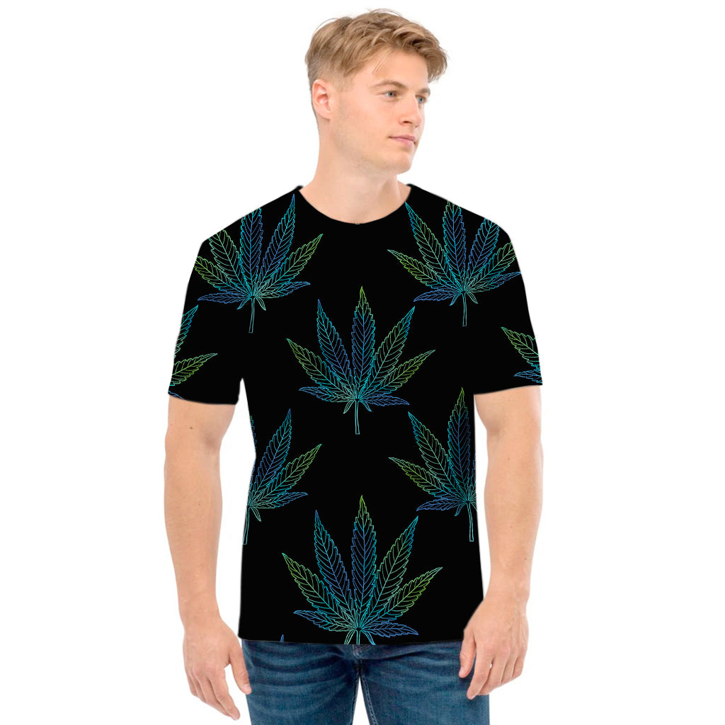 Blue And Green Weed Leaf Pattern Print Men's T-Shirt