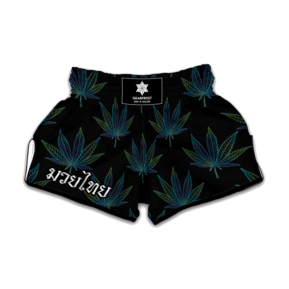 Blue And Green Weed Leaf Pattern Print Muay Thai Boxing Shorts