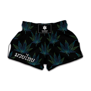 Blue And Green Weed Leaf Pattern Print Muay Thai Boxing Shorts