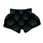 Blue And Green Weed Leaf Pattern Print Muay Thai Boxing Shorts