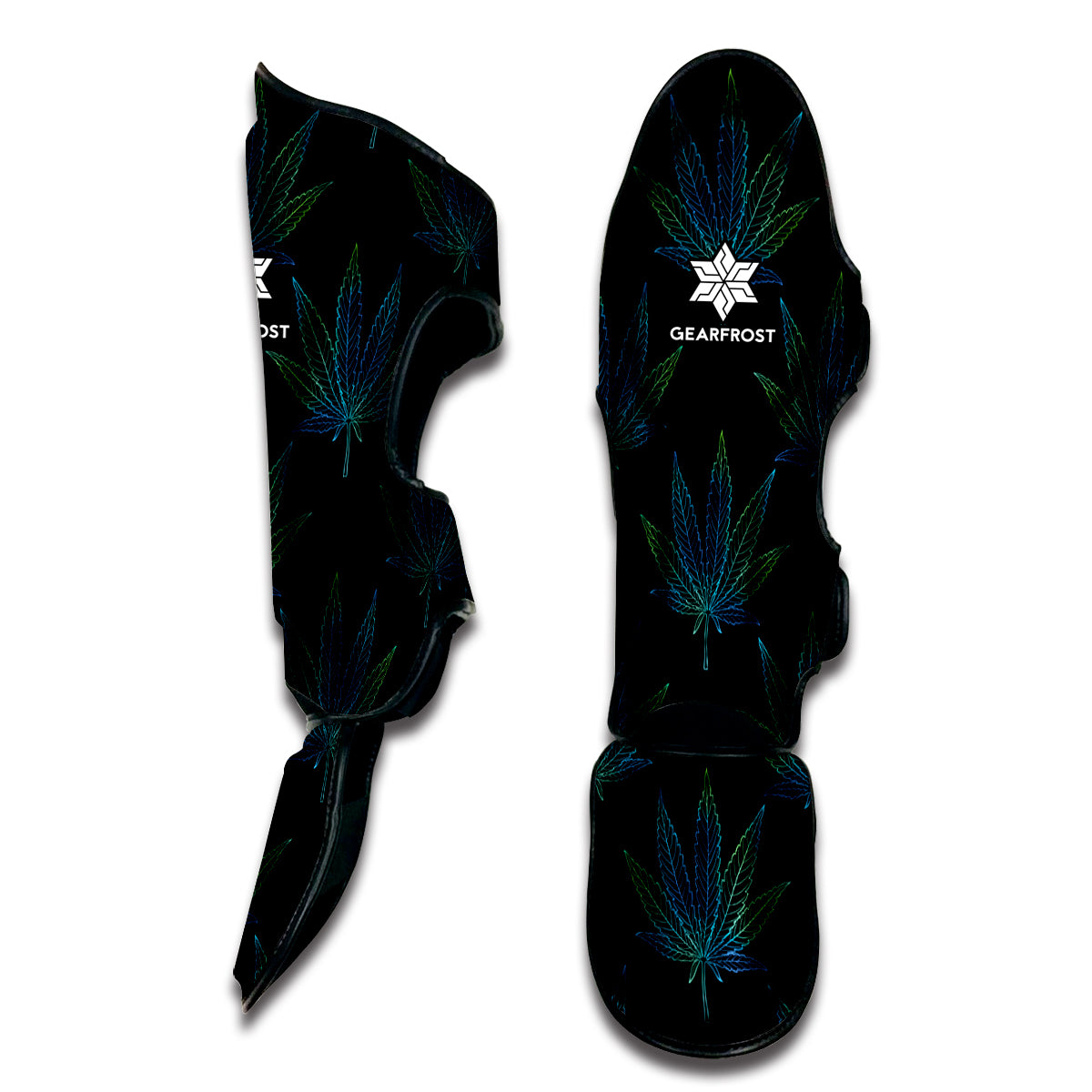 Blue And Green Weed Leaf Pattern Print Muay Thai Shin Guard