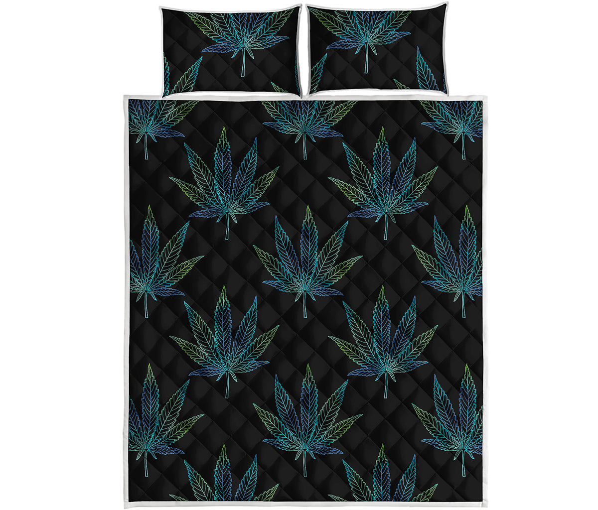 Blue And Green Weed Leaf Pattern Print Quilt Bed Set