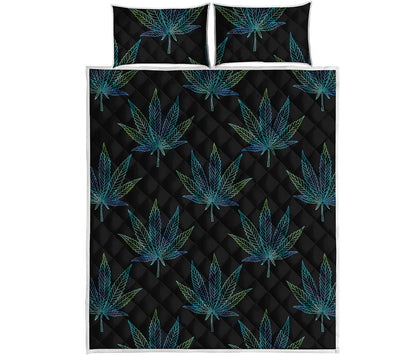 Blue And Green Weed Leaf Pattern Print Quilt Bed Set