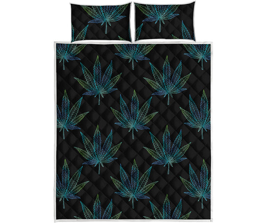 Blue And Green Weed Leaf Pattern Print Quilt Bed Set