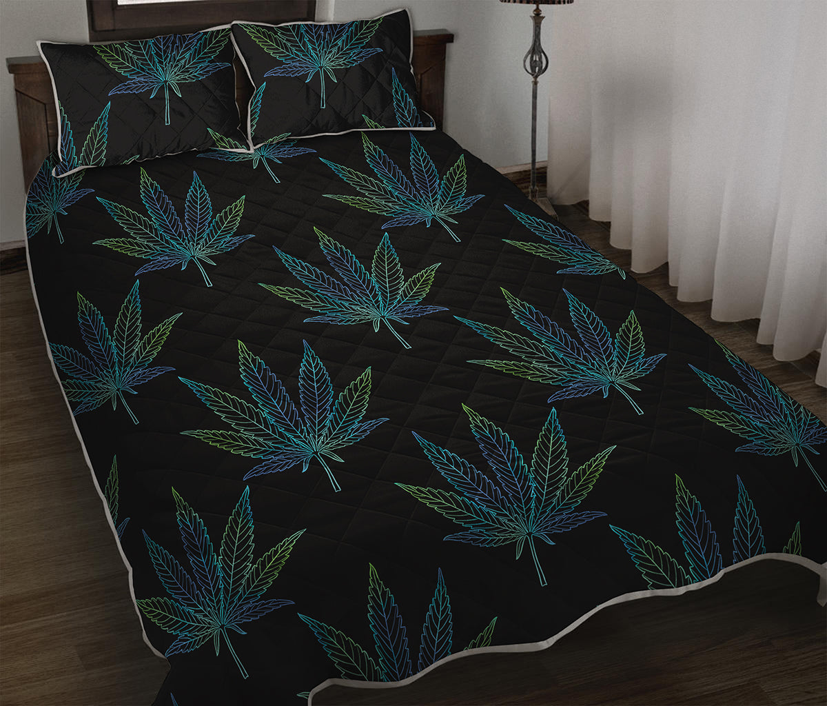 Blue And Green Weed Leaf Pattern Print Quilt Bed Set