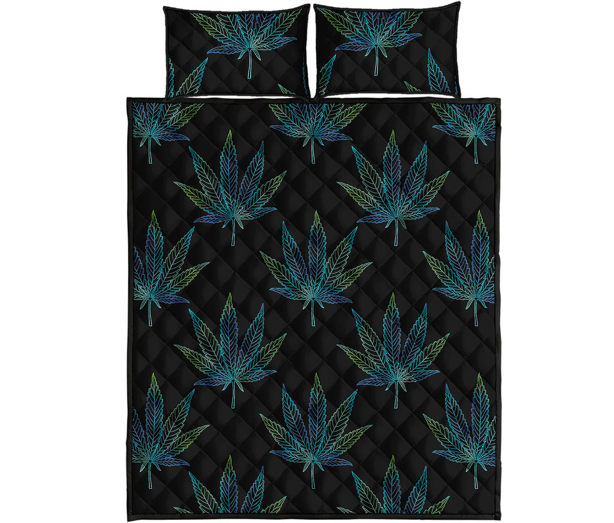Blue And Green Weed Leaf Pattern Print Quilt Bed Set