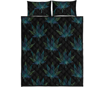 Blue And Green Weed Leaf Pattern Print Quilt Bed Set