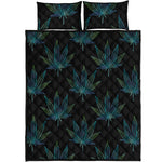 Blue And Green Weed Leaf Pattern Print Quilt Bed Set