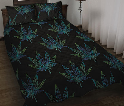 Blue And Green Weed Leaf Pattern Print Quilt Bed Set