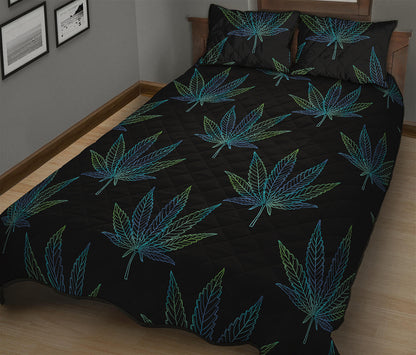 Blue And Green Weed Leaf Pattern Print Quilt Bed Set