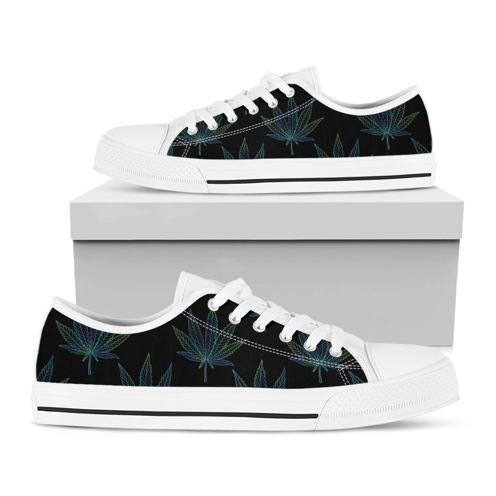 Blue And Green Weed Leaf Pattern Print White Low Top Shoes