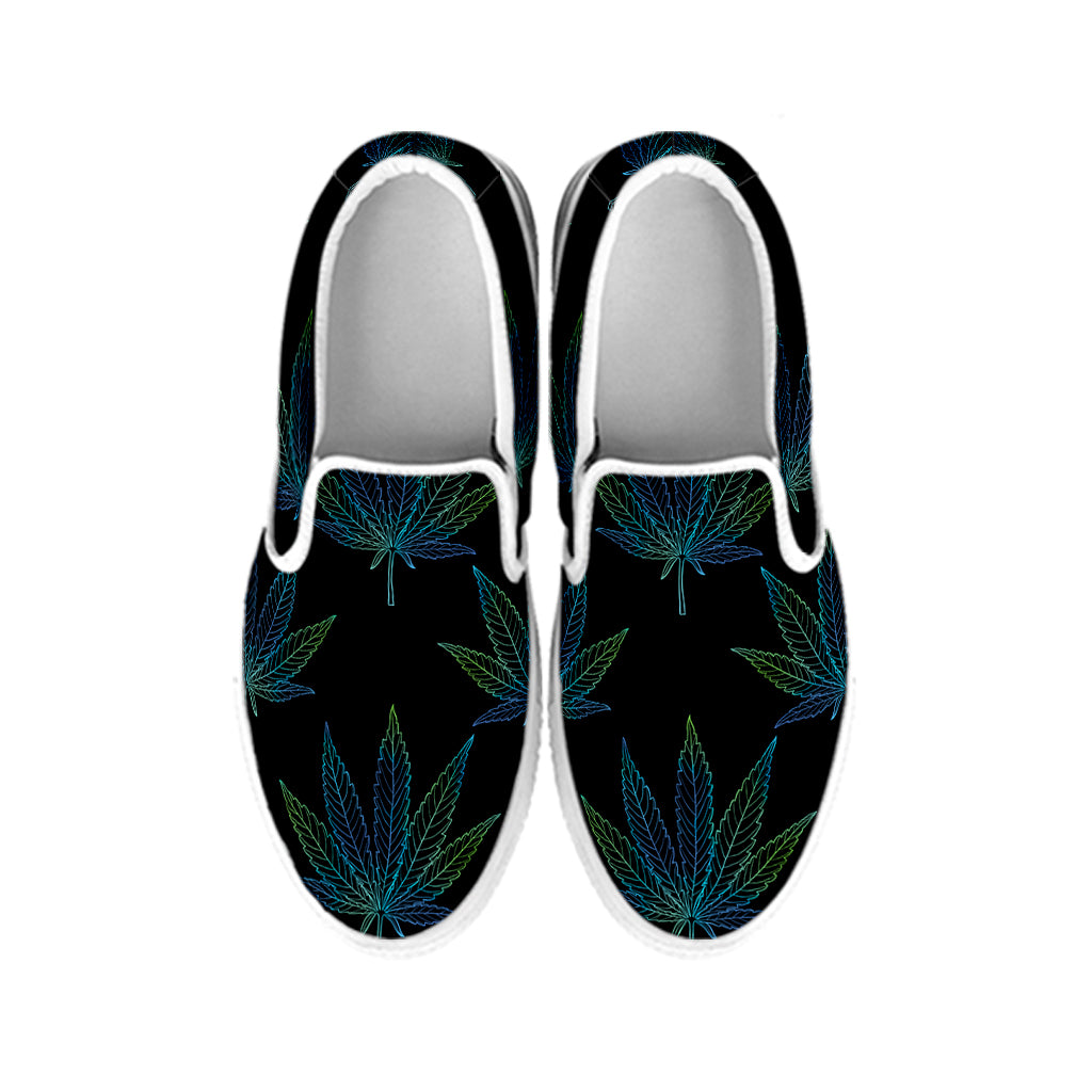 Blue And Green Weed Leaf Pattern Print White Slip On Shoes