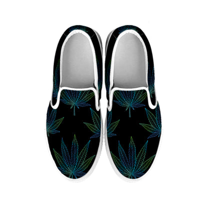 Blue And Green Weed Leaf Pattern Print White Slip On Shoes