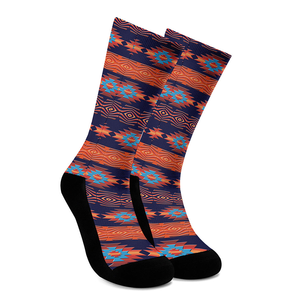 Blue And Orange Southwestern Print Crew Socks