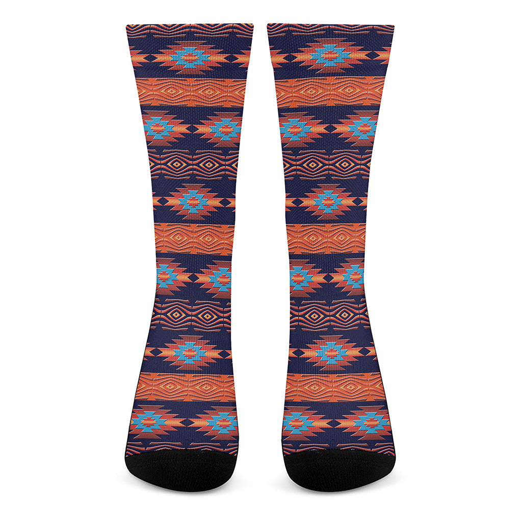 Blue And Orange Southwestern Print Crew Socks