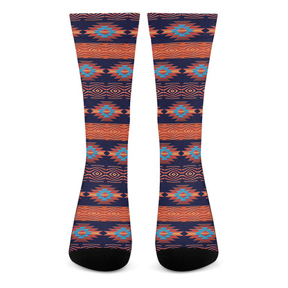 Blue And Orange Southwestern Print Crew Socks