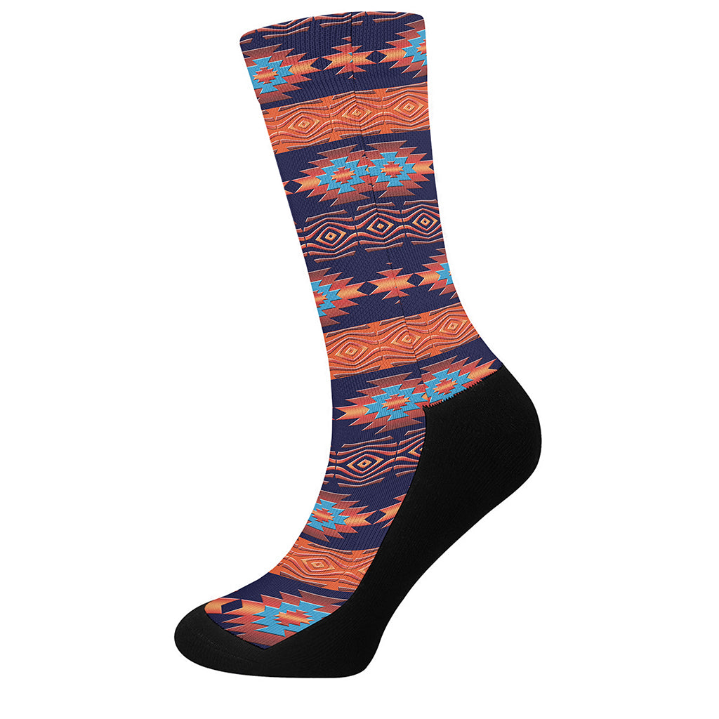 Blue And Orange Southwestern Print Crew Socks