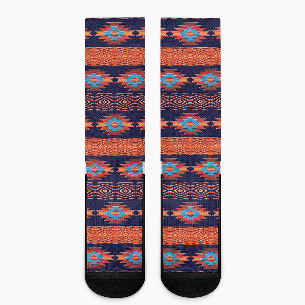 Blue And Orange Southwestern Print Crew Socks