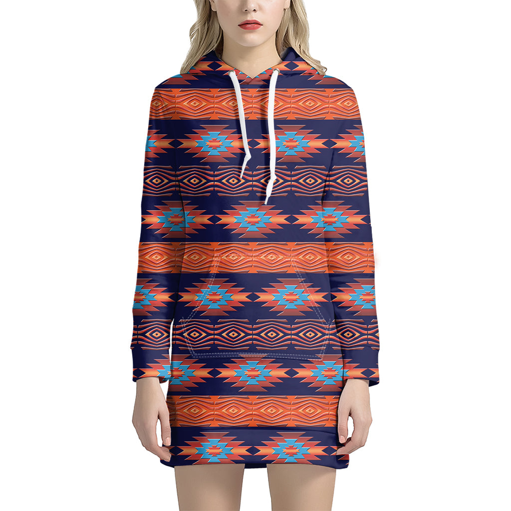 Blue And Orange Southwestern Print Pullover Hoodie Dress – GearFrost