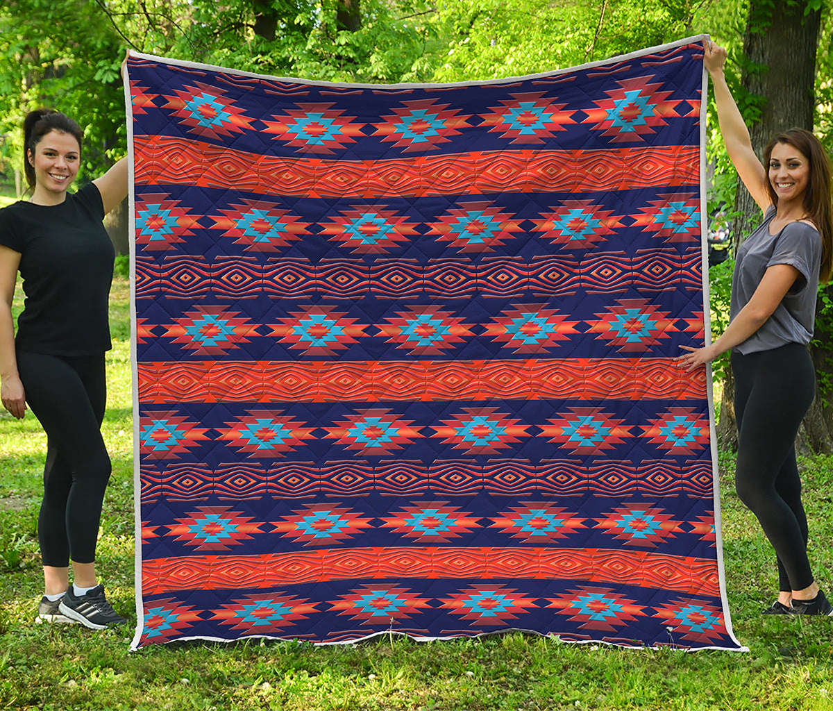 Blue And Orange Southwestern Print Quilt