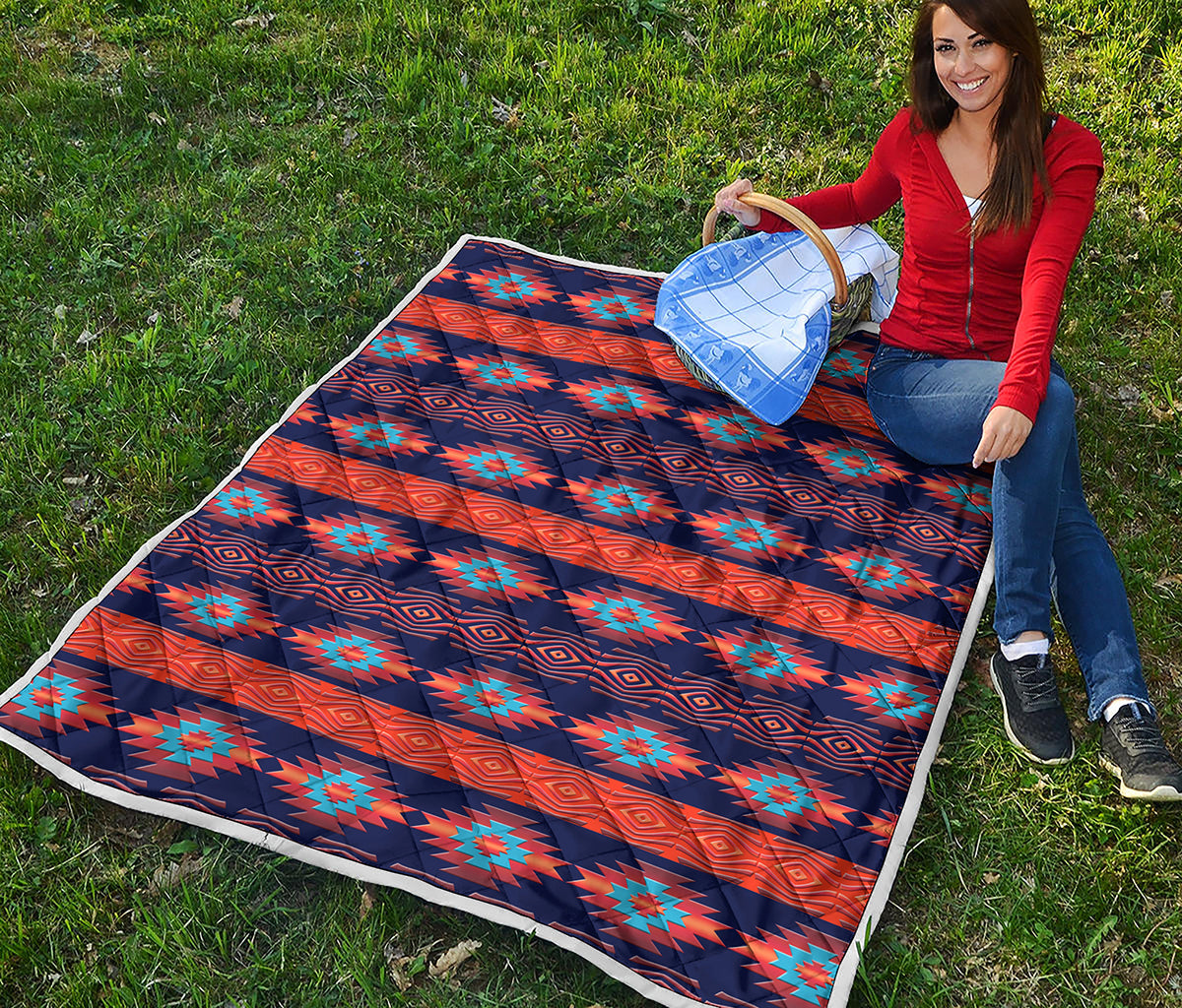 Blue And Orange Southwestern Print Quilt