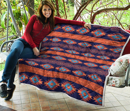 Blue And Orange Southwestern Print Quilt