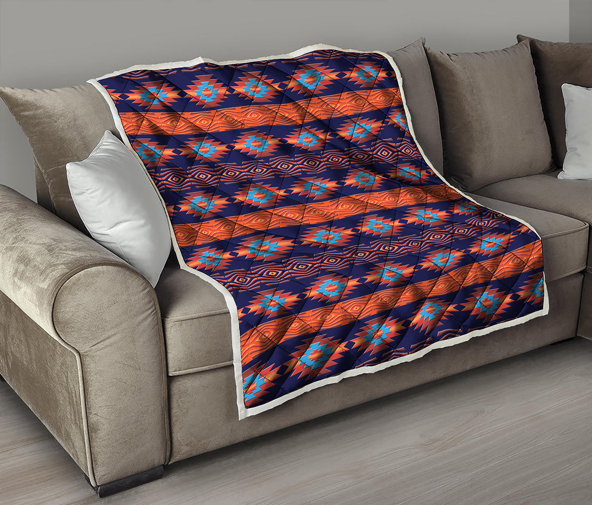 Blue And Orange Southwestern Print Quilt