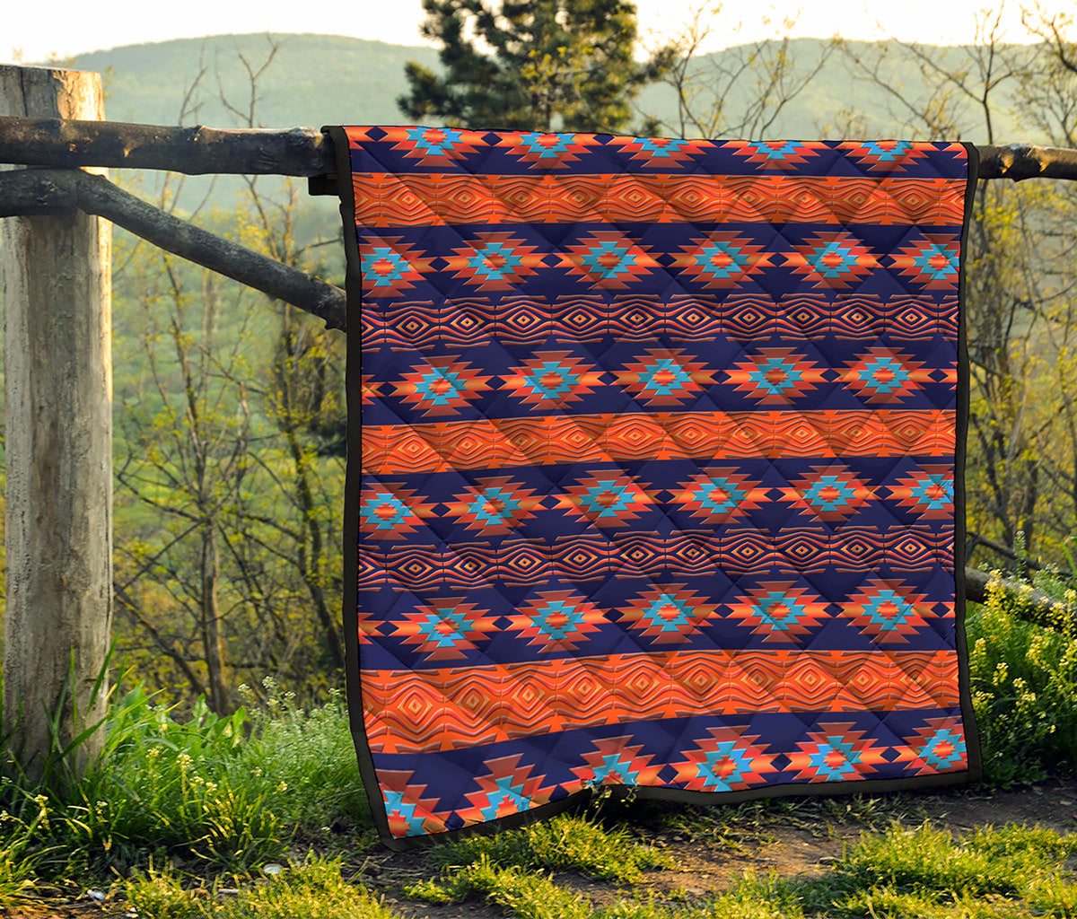 Blue And Orange Southwestern Print Quilt