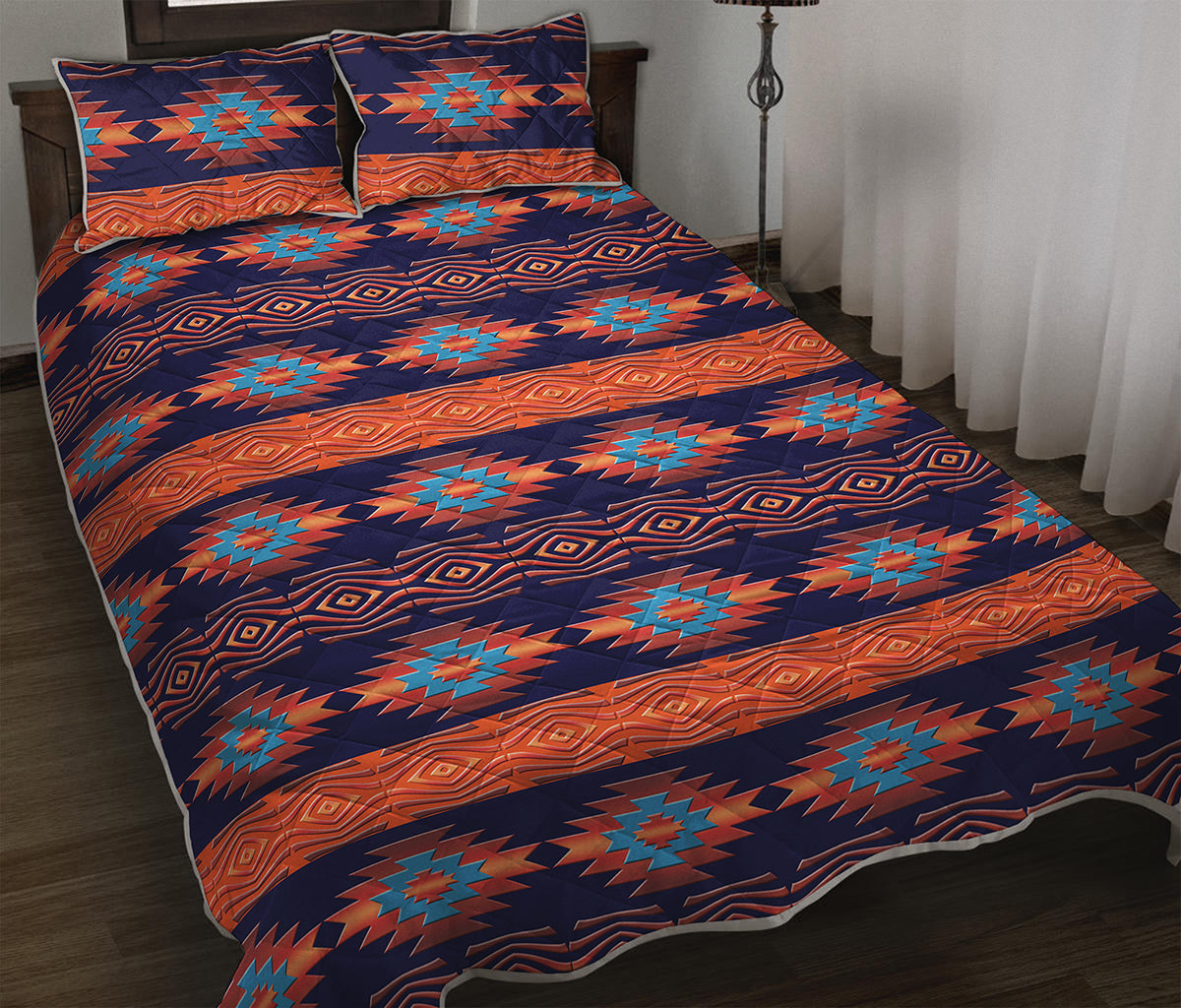Blue And Orange Southwestern Print Quilt Bed Set