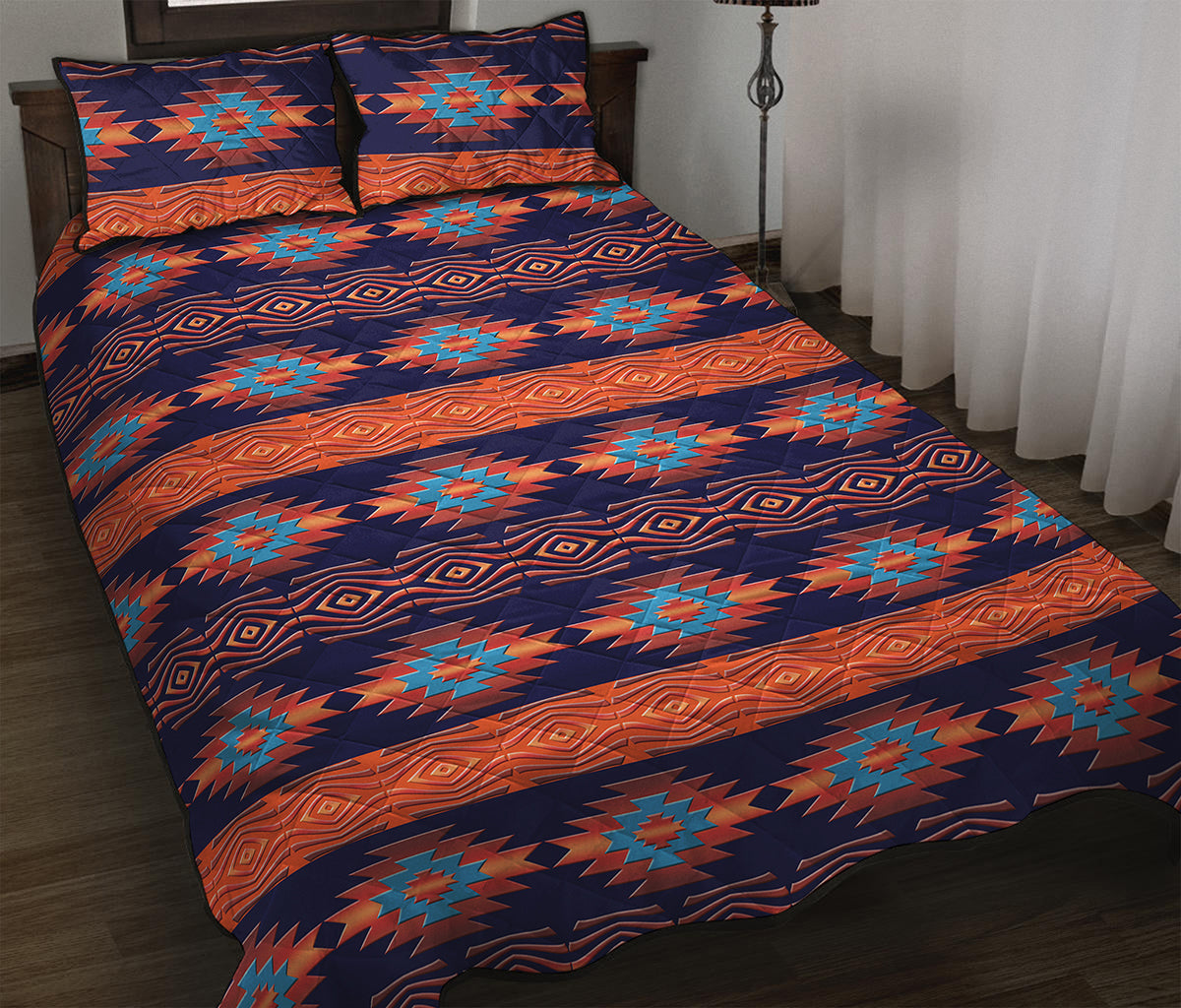 Blue And Orange Southwestern Print Quilt Bed Set